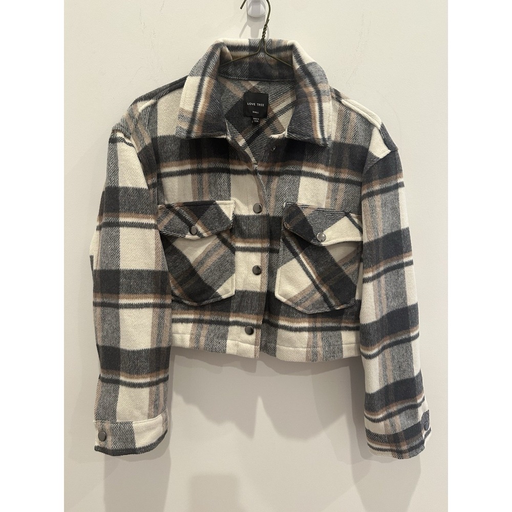 Love Tree Womens Flannel Cropped Jacket Black White And Cream Size S